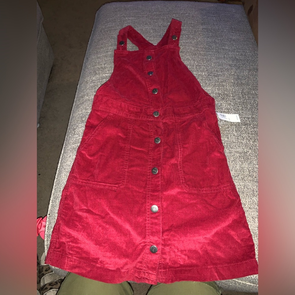 Red overalls dress